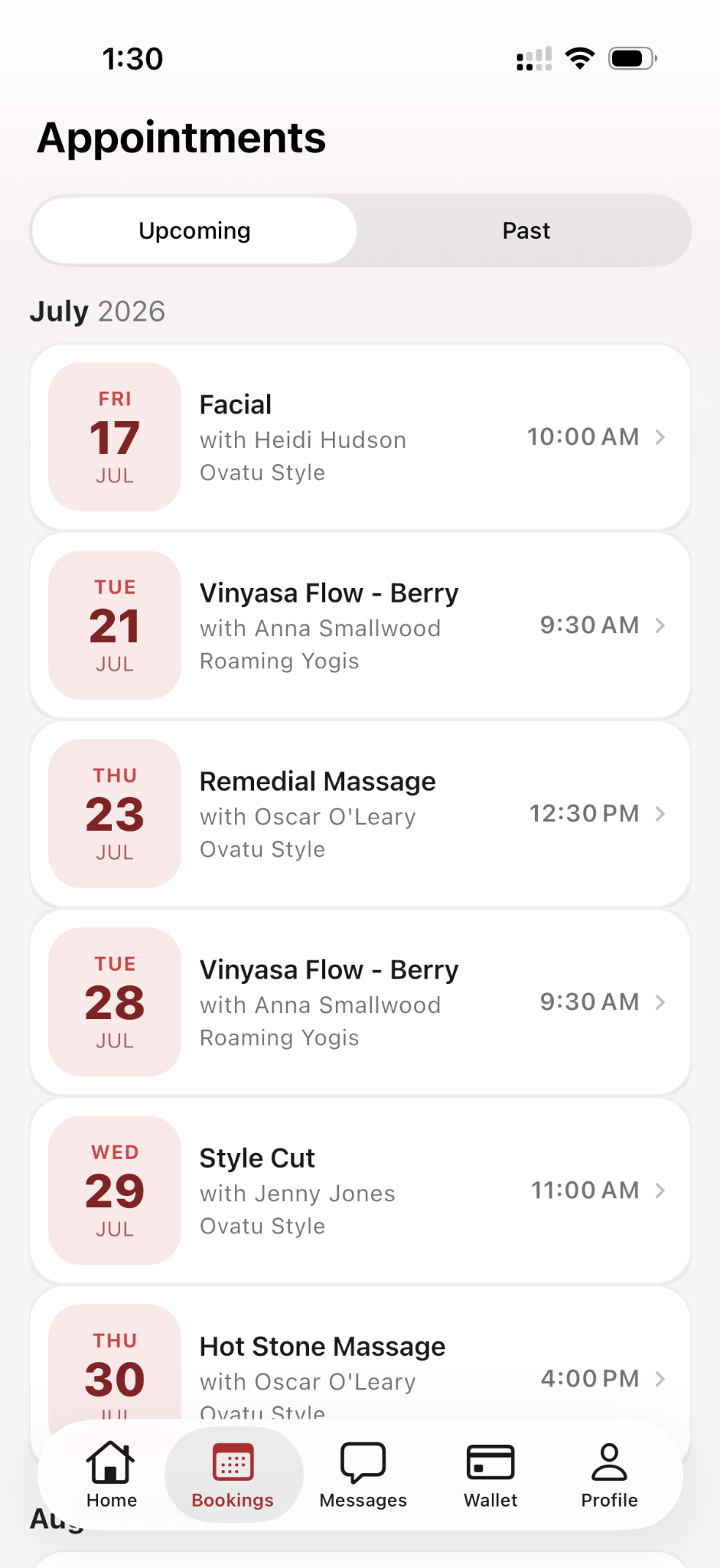 BookApp appointments screen