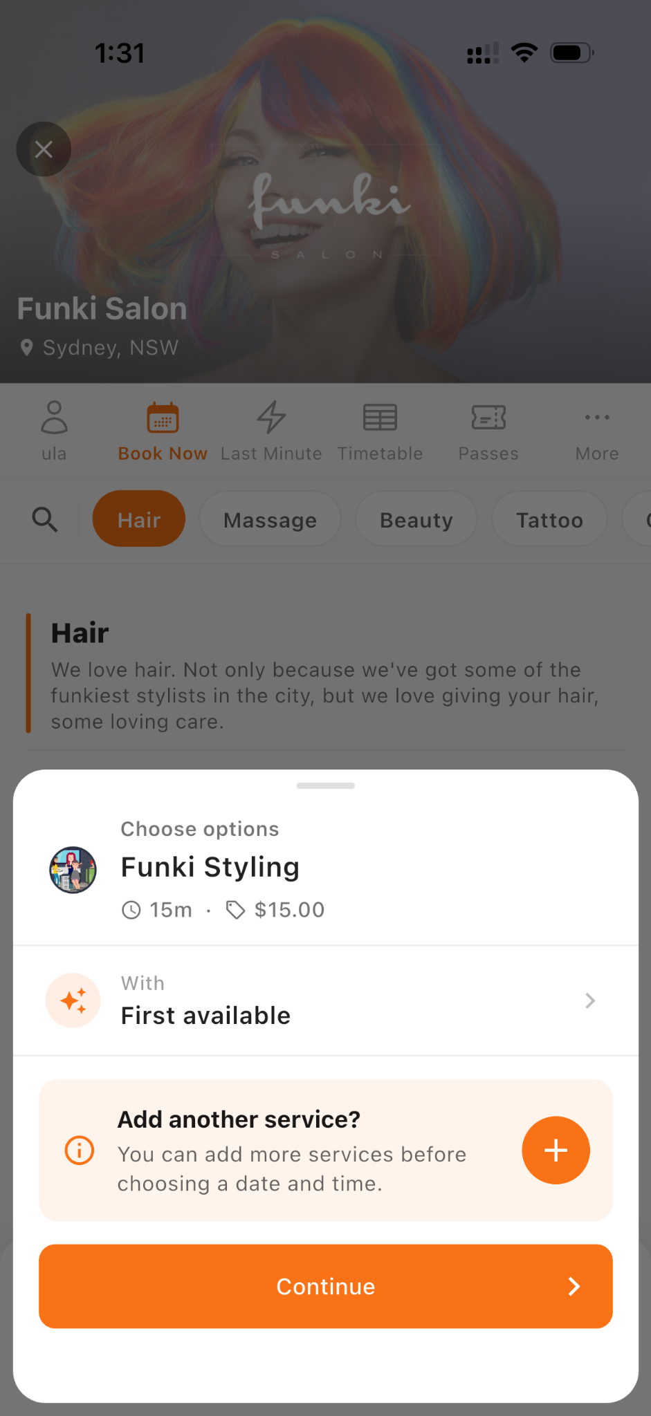 BookApp service selection screen