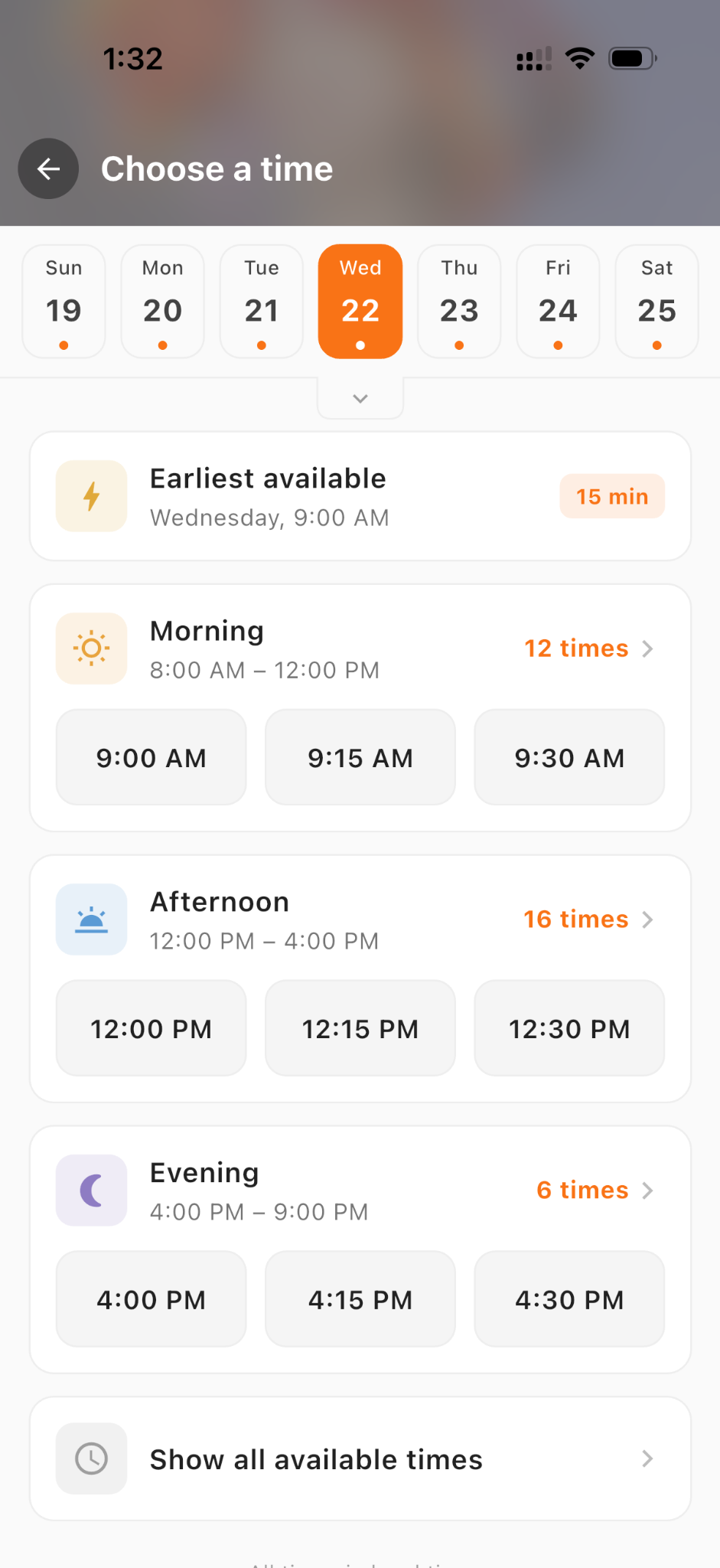 BookApp time selection screen